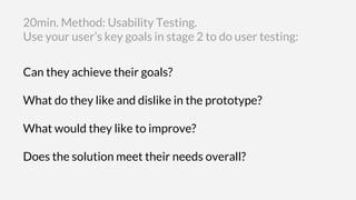 Can they achieve their goals?
What do they like and dislike in the prototype?
What would they like to improve?
Does the solution meet their needs overall?
20min. Method: Usability Testing.
Use your user’s key goals in stage 2 to do user testing:
 