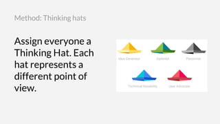 Assign everyone a
Thinking Hat. Each
hat represents a
different point of
view.
Method: Thinking hats
 