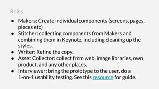 ● Makers: Create individual components (screens, pages,
pieces etc)
● Stitcher: collecting components from Makers and
combining them in Keynote, including cleaning up the
styles.
● Writer: Refine the copy.
● Asset Collector: collect from web, image libraries, own
product, and any other places.
● Interviewer: bring the prototype to the user, do a
1-on-1 usability testing. See this resource for guide.
Roles
 