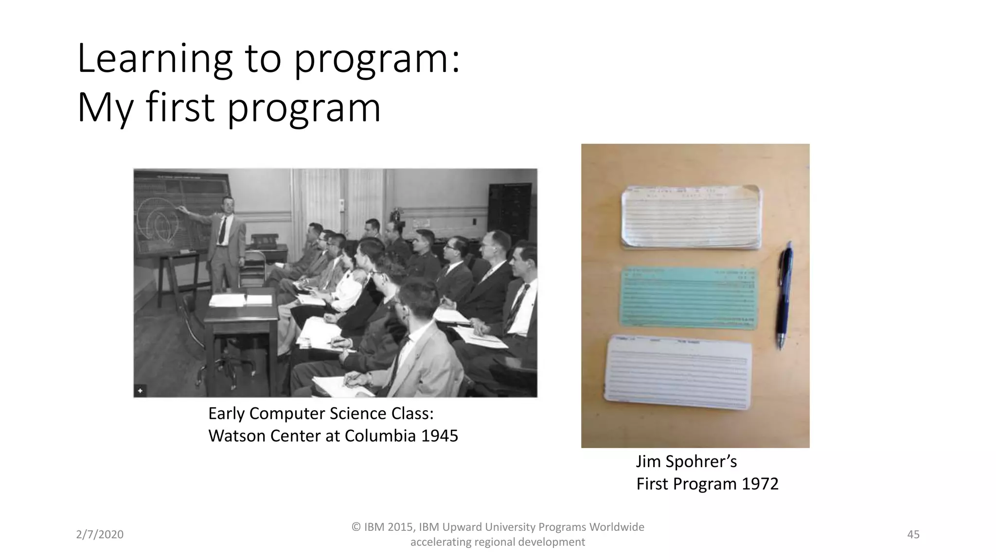 Learning to program:
My first program
2/7/2020
© IBM 2015, IBM Upward University Programs Worldwide
accelerating regional development
45
Early Computer Science Class:
Watson Center at Columbia 1945
Jim Spohrer’s
First Program 1972
 
