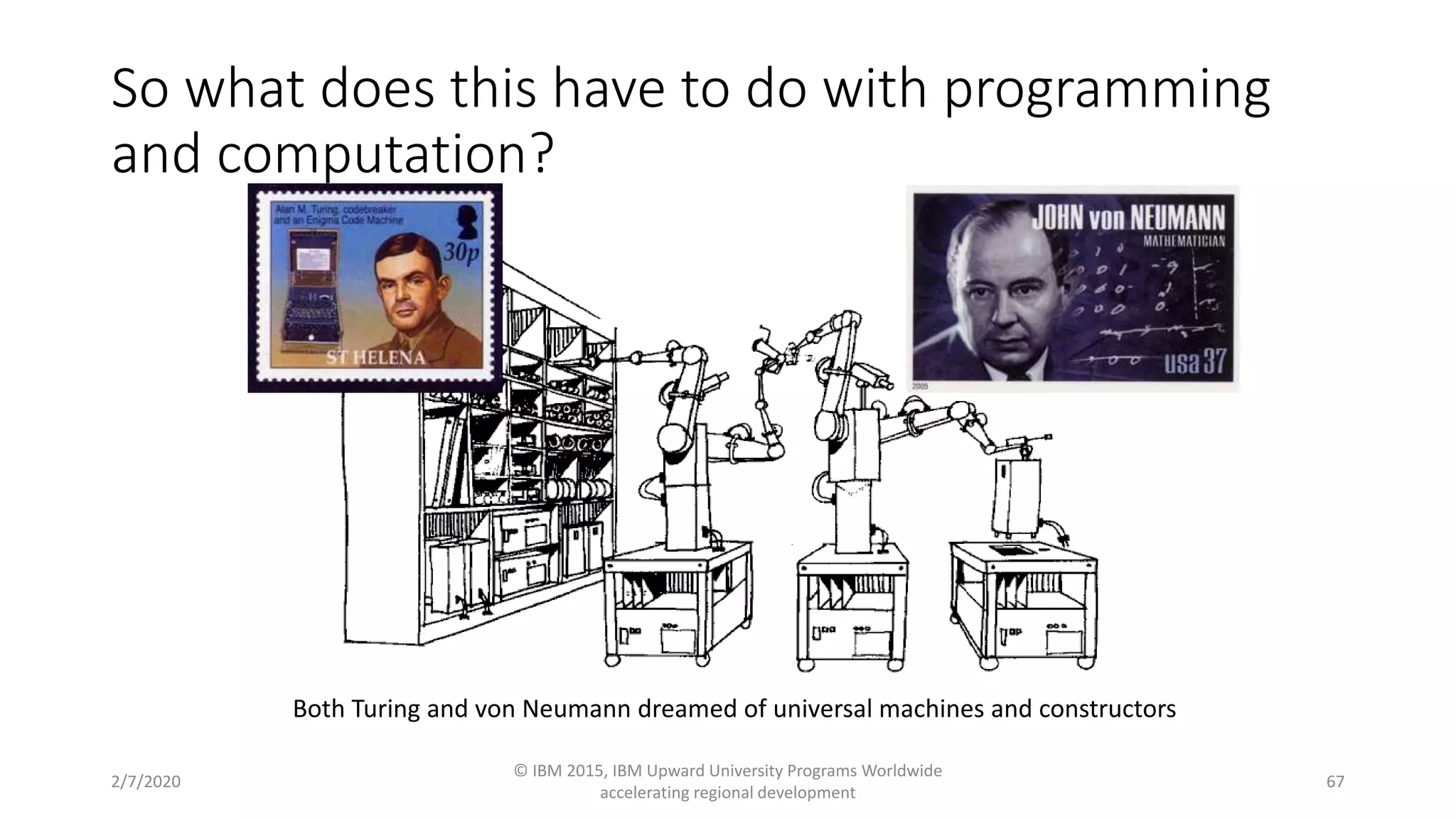 So what does this have to do with programming
and computation?
2/7/2020
© IBM 2015, IBM Upward University Programs Worldwide
accelerating regional development
67
Both Turing and von Neumann dreamed of universal machines and constructors
 