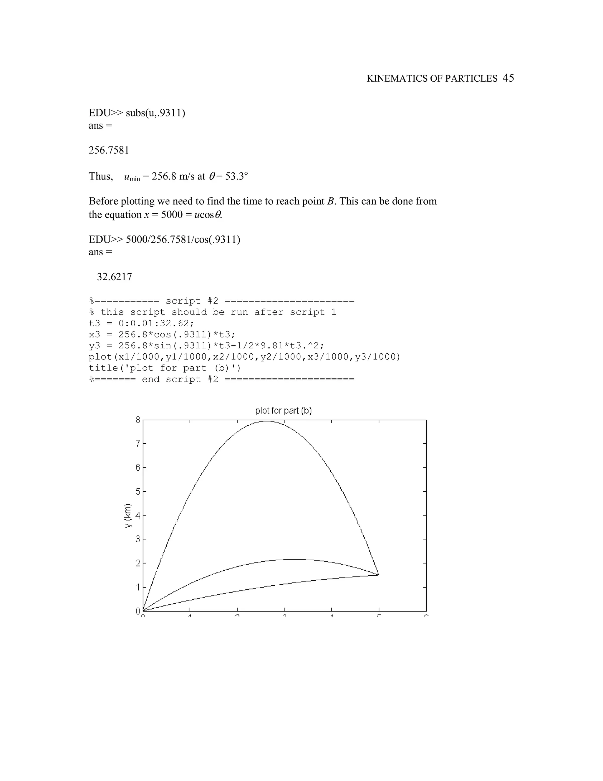 KINEMATICS OF PARTICLES 45
EDU>> subs(u,.9311)
ans =
256.7581
Thus, umin = 256.8 m/s at θ = 53.3°
Before plotting we need to find the time to reach point B. This can be done from
the equation x = 5000 = ucosθ.
EDU>> 5000/256.7581/cos(.9311)
ans =
32.6217
%=========== script #2 ======================
% this script should be run after script 1
t3 = 0:0.01:32.62;
x3 = 256.8*cos(.9311)*t3;
y3 = 256.8*sin(.9311)*t3-1/2*9.81*t3.^2;
plot(x1/1000,y1/1000,x2/1000,y2/1000,x3/1000,y3/1000)
title('plot for part (b)')
%======= end script #2 ======================
 