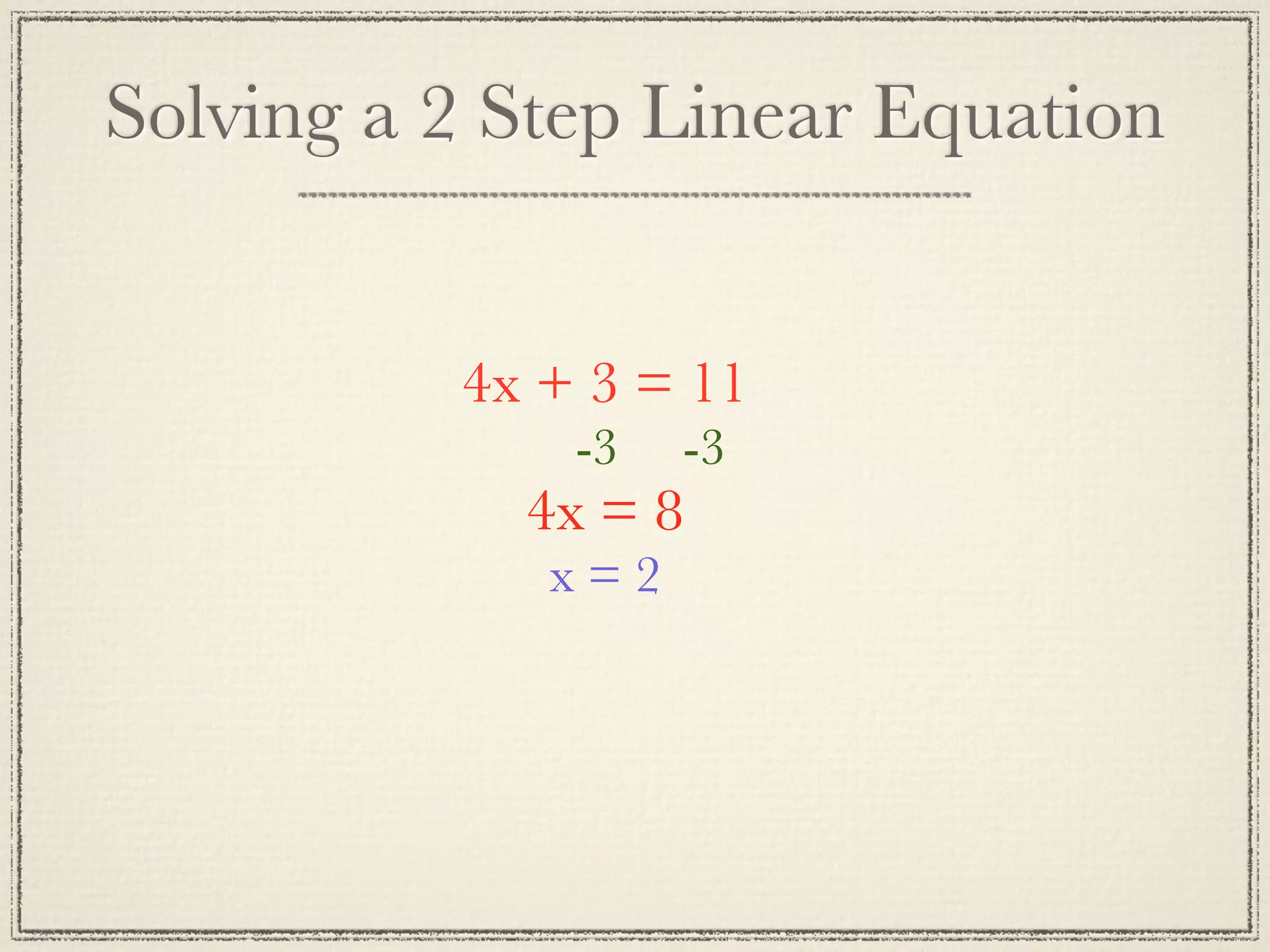 Solving a 2 Step Linear Equation
4x + 3 = 11
-3 -3
4x = 8
x=2