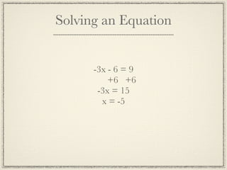 Solving an Equation


      -3x - 6 = 9
          +6 +6
       -3x = 15
        x = -5
 