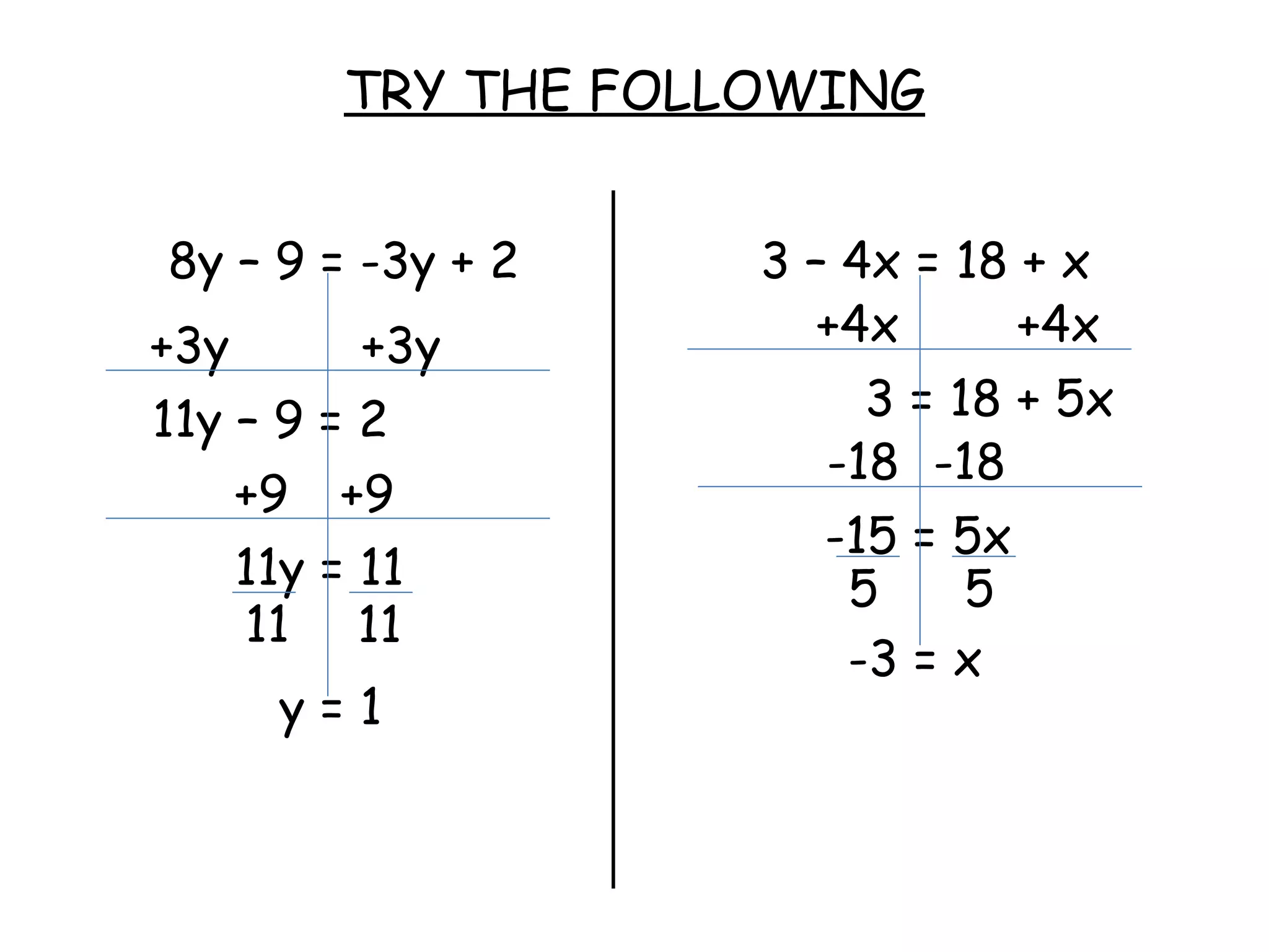TRY THE FOLLOWING 8y – 9 = -3y + 2 3 – 4x = 18 + x y = 1 +3y +3y 11y – 9 = 2 +9 +9 11y = 11 +4x +4x 3 = 18 + 5x -18 -18 -15 = 5x -3 = x 11 11 5 5 