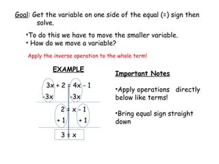 Goal : Get the variable on one side of the equal (=) sign then solve. To do this we have to move the smaller variable.  How do we move a variable? Apply the inverse operation to the whole term! EXAMPLE 3x + 2 = 4x - 1 -3x -3x 2 = x - 1 + 1 + 1 3 = x Important Notes Apply operations  directly below like terms! Bring equal sign straight down 
