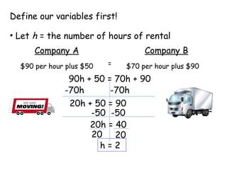 Define our variables first! Let  h  = the number of hours of rental Company A Company B $90 per hour plus $50 $70 per hour plus $90 = 90h + 50 = 70h + 90 -70h -70h 20h + 50 = 90 -50 -50 20h = 40 20 20 h = 2 