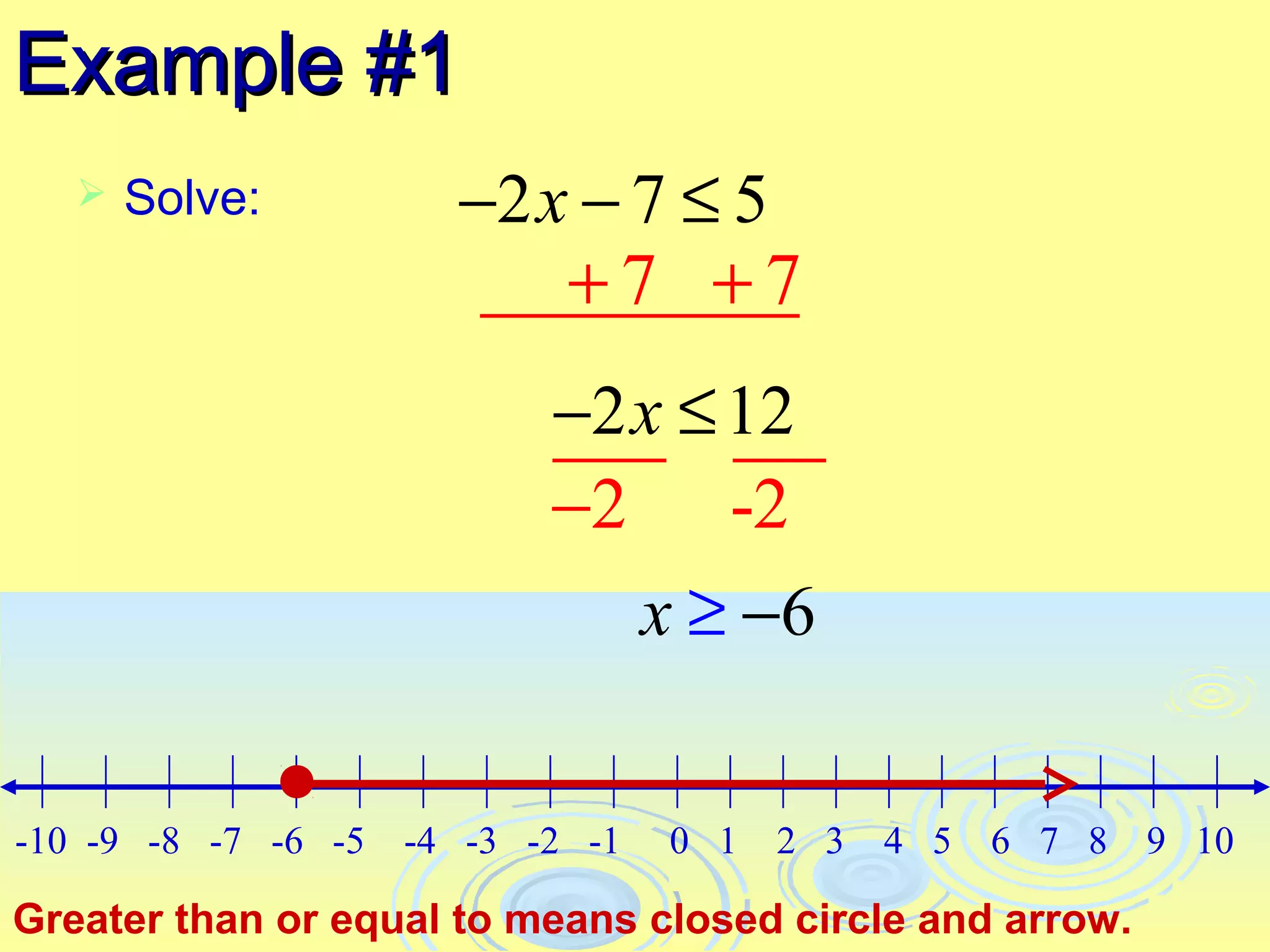Example #1
      Solve:          −2 x − 7 ≤ 5
                           +7 +7
                            −2 x ≤ 12
                            −2 -2
                                   x ≥ −6


-10 -9 -8 -7 -6 -5   -4 -3 -2 -1   0 1   2 3   4 5   6 7 8   9 10

Greater than or equal to means closed circle and arrow.
 