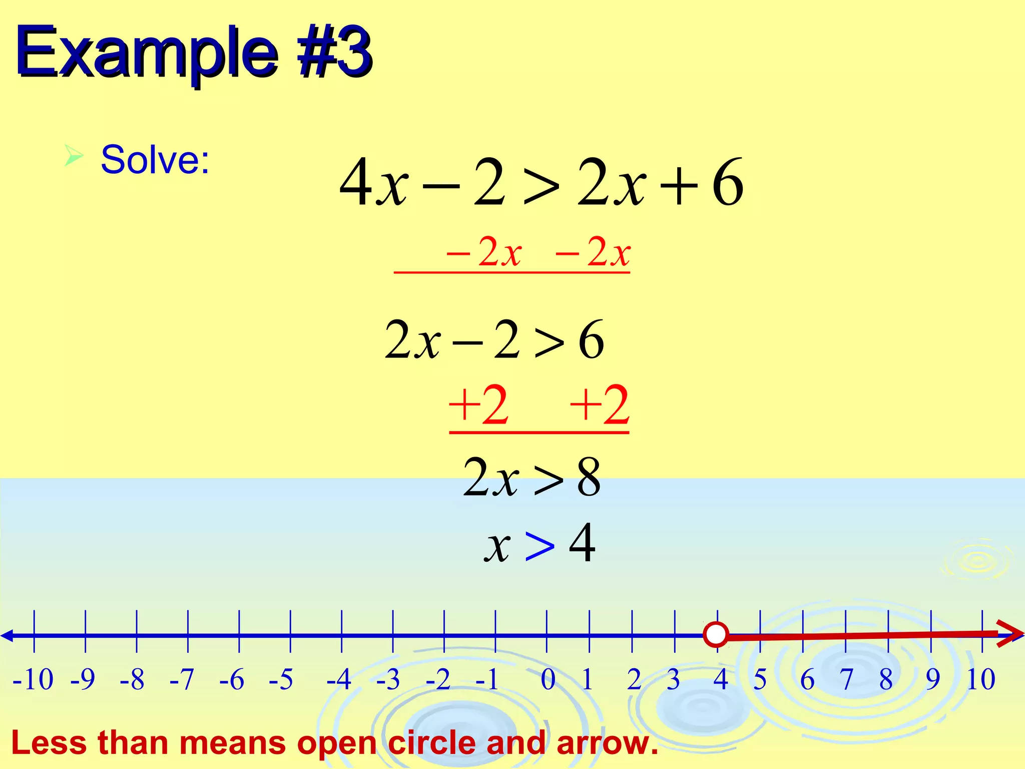 Example #3
       Solve:
                     4x − 2 > 2x + 6
   


                            − 2x − 2x

                        2x − 2 > 6
                           +2 +2
                           2x > 8
                            x>4

-10 -9 -8 -7 -6 -5   -4 -3 -2 -1   0 1   2 3   4 5   6 7 8   9 10

Less than means open circle and arrow.
 