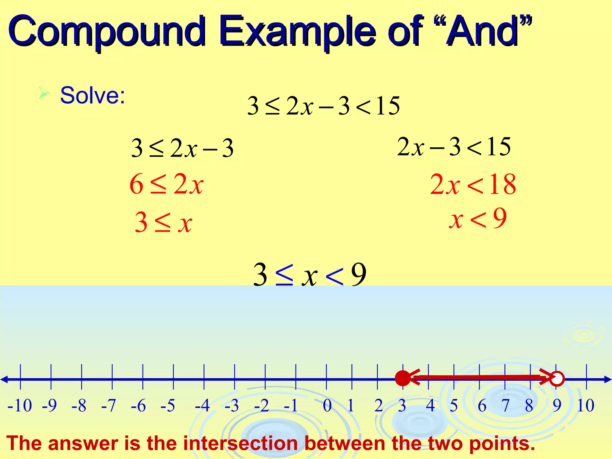 Compound Example of “And”
      Solve:              3 ≤ 2 x − 3 < 15
                3 ≤ 2x − 3                 2 x − 3 < 15
                6 ≤ 2x                          2 x < 18
                3≤ x                              x<9
                            3≤ x <9


-10 -9 -8 -7 -6 -5    -4 -3 -2 -1   0 1   2 3   4 5   6 7 8   9 10

The answer is the intersection between the two points.
 