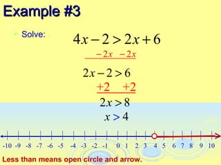 Example #3
       Solve:
                     4x − 2 > 2x + 6
   


                            − 2x − 2x

                        2x − 2 > 6
                           +2 +2
                           2x > 8
                            x>4

-10 -9 -8 -7 -6 -5   -4 -3 -2 -1   0 1   2 3   4 5   6 7 8   9 10

Less than means open circle and arrow.
 
