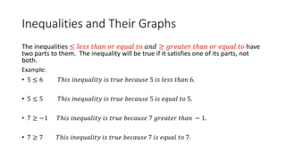 Inequalities and Their Graphs
The inequalities ≤ 𝑙𝑒𝑠𝑠 𝑡ℎ𝑎𝑛 𝑜𝑟 𝑒𝑞𝑢𝑎𝑙 𝑡𝑜 𝑎𝑛𝑑 ≥ 𝑔𝑟𝑒𝑎𝑡𝑒𝑟 𝑡ℎ𝑎𝑛 𝑜𝑟 𝑒𝑞𝑢𝑎𝑙 𝑡𝑜 have
two parts to them. The inequality will be true if it satisfies one of its parts, not
both.
Example:
• 5 ≤ 6 𝑇ℎ𝑖𝑠 𝑖𝑛𝑒𝑞𝑢𝑎𝑙𝑖𝑡𝑦 𝑖𝑠 𝑡𝑟𝑢𝑒 𝑏𝑒𝑐𝑎𝑢𝑠𝑒 5 𝑖𝑠 𝑙𝑒𝑠𝑠 𝑡ℎ𝑎𝑛 6.
• 5 ≤ 5 𝑇ℎ𝑖𝑠 𝑖𝑛𝑒𝑞𝑢𝑎𝑙𝑖𝑡𝑦 𝑖𝑠 𝑡𝑟𝑢𝑒 𝑏𝑒𝑐𝑎𝑢𝑠𝑒 5 𝑖𝑠 𝑒𝑞𝑢𝑎𝑙 𝑡𝑜 5.
• 7 ≥ −1 𝑇ℎ𝑖𝑠 𝑖𝑛𝑒𝑞𝑢𝑎𝑙𝑖𝑡𝑦 𝑖𝑠 𝑡𝑟𝑢𝑒 𝑏𝑒𝑐𝑎𝑢𝑠𝑒 7 𝑔𝑟𝑒𝑎𝑡𝑒𝑟 𝑡ℎ𝑎𝑛 − 1.
• 7 ≥ 7 𝑇ℎ𝑖𝑠 𝑖𝑛𝑒𝑞𝑢𝑎𝑙𝑖𝑡𝑦 𝑖𝑠 𝑡𝑟𝑢𝑒 𝑏𝑒𝑐𝑎𝑢𝑠𝑒 7 𝑖𝑠 𝑒𝑞𝑢𝑎𝑙 𝑡𝑜 7.
 