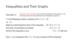 Inequalities and Their Graphs
• Is the following number a solution of 2𝑥 + 1 > −3?
a) −3
Begin by substituting the value in the inequality. 2 −3 + 1 > −3
Use order of operations to simplify. −6 + 1 > −3
Verify if the inequality is true. −5 > −3 Not true
Since −5 is not greater than −3, −3 is not a solution of the inequality.
Example 3: A solution of an inequality is any number that makes the inequality true. For
that reason, there are many solutions to an inequality, not just one.
 