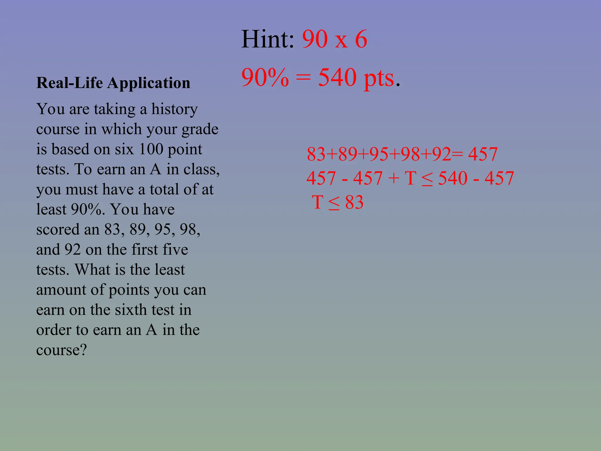 Real-Life Application
Hint: 90 x 6
90% = 540 pts.
You are taking a history
course in which your grade
is based on six 100 point
tests. To earn an A in class,
you must have a total of at
least 90%. You have
scored an 83, 89, 95, 98,
and 92 on the first five
tests. What is the least
amount of points you can
earn on the sixth test in
order to earn an A in the
course?
83+89+95+98+92= 457
457 - 457 + T ≤ 540 - 457
T ≤ 83
 