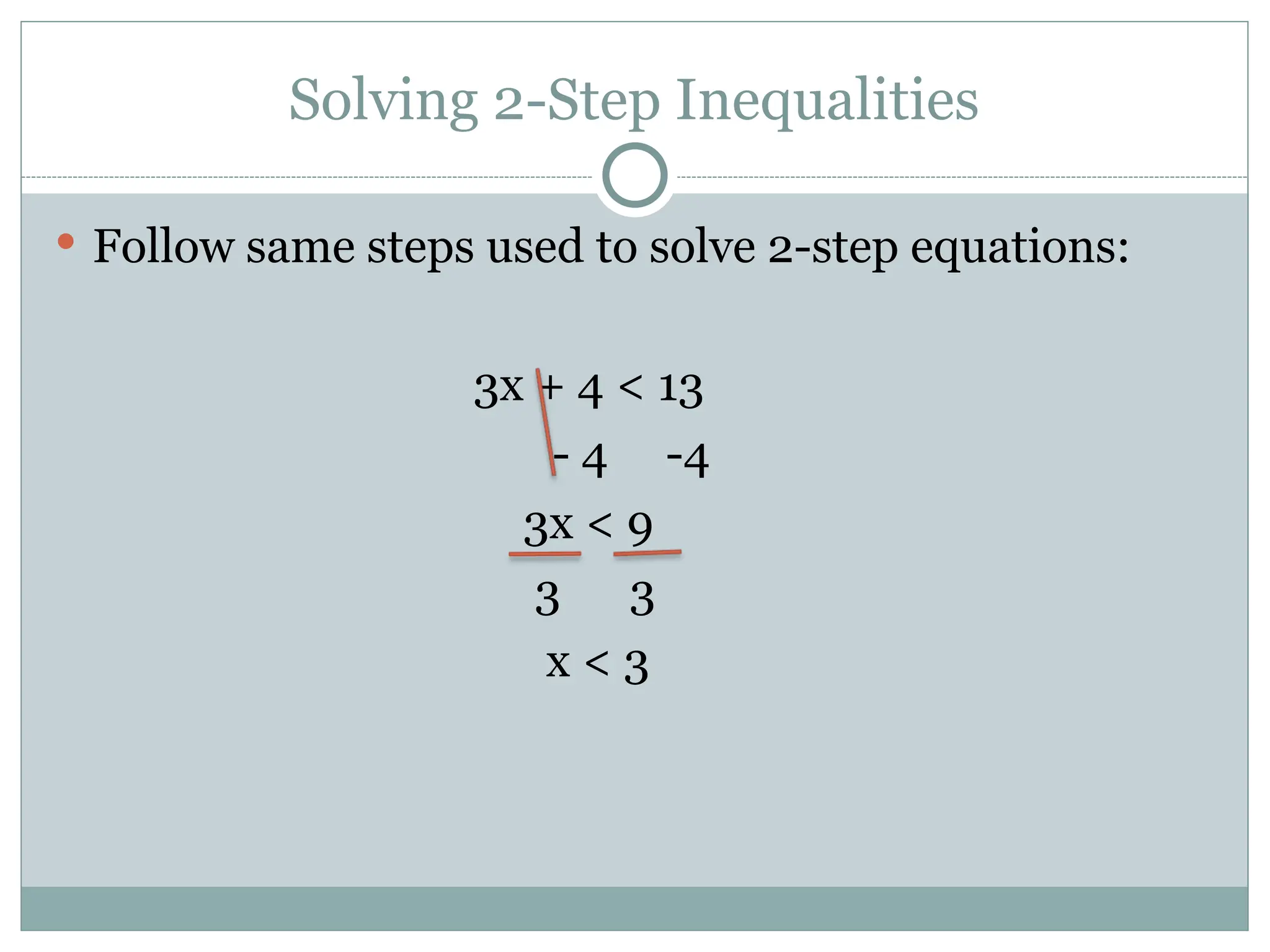 Solving 2-Step Inequalities
 Follow same steps used to solve 2-step equations:
3x + 4 < 13
- 4 -4
3x < 9
3 3
x < 3
 