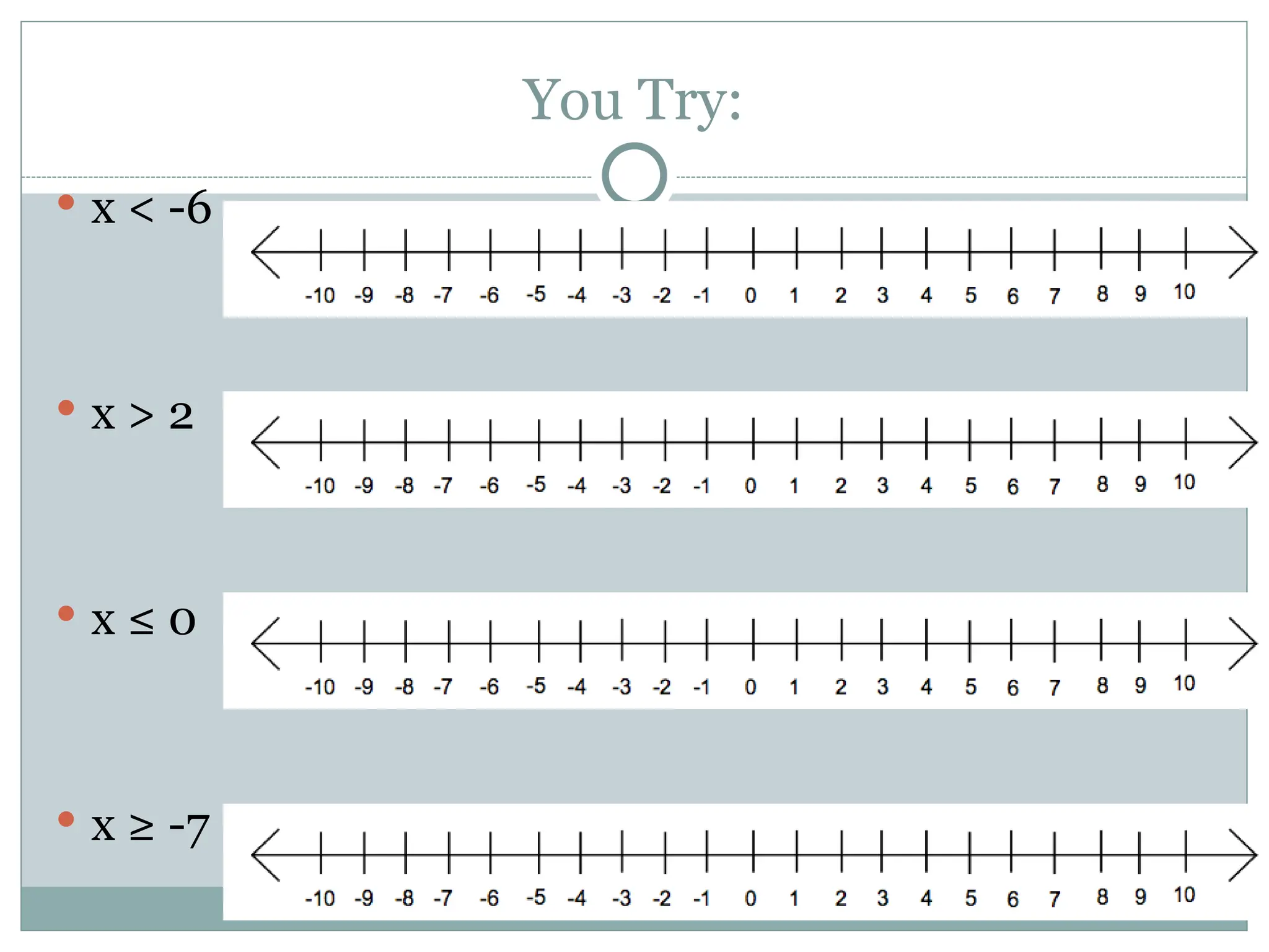 You Try:
 x < -6
 x > 2
 x ≤ 0
 x ≥ -7
 