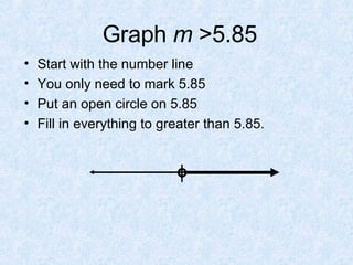 Graph  m  >5.85 Start with the number line You only need to mark 5.85 Put an open circle on 5.85 Fill in everything to greater than 5.85. 