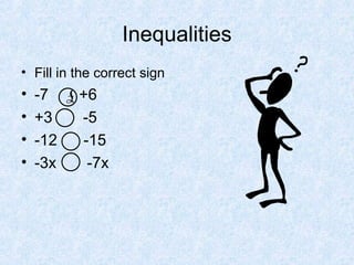 Inequalities Fill in the correct sign  -7  +6 +3  -5 -12  -15 -3x  -7x 