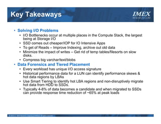 Key Takeaways                                                                     IMEX
                                                                                     RESEARCH.COM




       • Solving I/O Problems
               • I/O Bottlenecks occur at multiple places in the Compute Stack, the largest
                 being at Storage I/O
               • SSD comes out cheaper/IOP for IO Intensive Apps
               • To get of Reads – Improve Indexing, archive out old data
               • Minimize the impact of writes – Get rid of temp tables/filesorts on slow
                 disks.
               • Compress big varchar/text/blobs
       • Data Forensics and Tiered Placement
               • Every workload has unique I/O access signature
               • Historical performance data for a LUN can identify performance skews &
                 hot data regions by LBAs
               • Use Smart Tiering to identify hot LBA regions and non-disruptively migrate
                 hot data from HDD to SSDs.
               • Typically 4-8% of data becomes a candidate and when migrated to SSDs
                 can provide response time reduction of ~65% at peak loads




© 2010‐11  IMEX Research, Copying prohibited. All rights reserved.
 