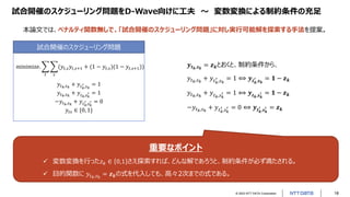 © 2023 NTT DATA Corporation 18
試合開催のスケジューリング問題をD-Wave向けに工夫 〜 変数変換による制約条件の充足
𝒚𝒕𝒌,𝒔𝒌
= 𝒛𝒌とおくと、制約条件から、
𝑦𝑡𝑘,𝑠𝑘
+ 𝑦𝑡𝑘
′
,𝑠𝑘
= 1...