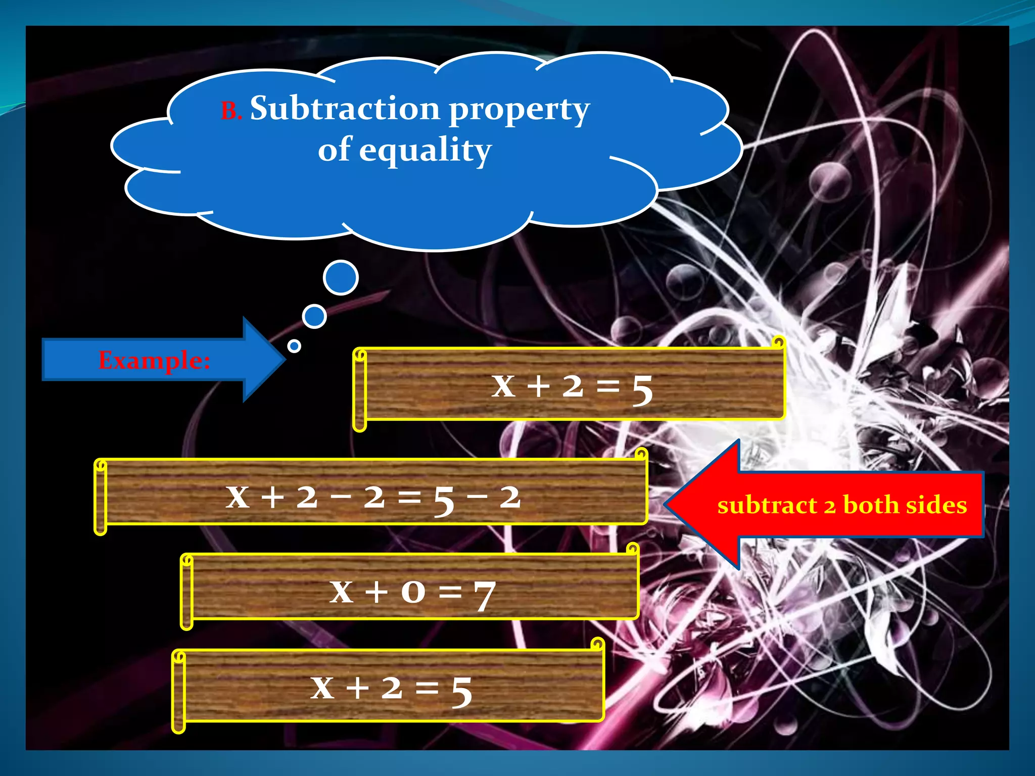 B. Subtraction property
of equality
x + 2 = 5
Example:
x + 2 – 2 = 5 – 2
x + 0 = 7
x + 2 = 5
subtract 2 both sides