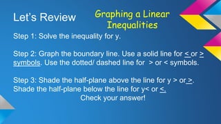 Let’s Review
Step 1: Solve the inequality for y.
Step 2: Graph the boundary line. Use a solid line for < or >
symbols. Use the dotted/ dashed line for > or < symbols.
Step 3: Shade the half-plane above the line for y > or >.
Shade the half-plane below the line for y< or <.
Check your answer!
Graphing a Linear
Inequalities
 