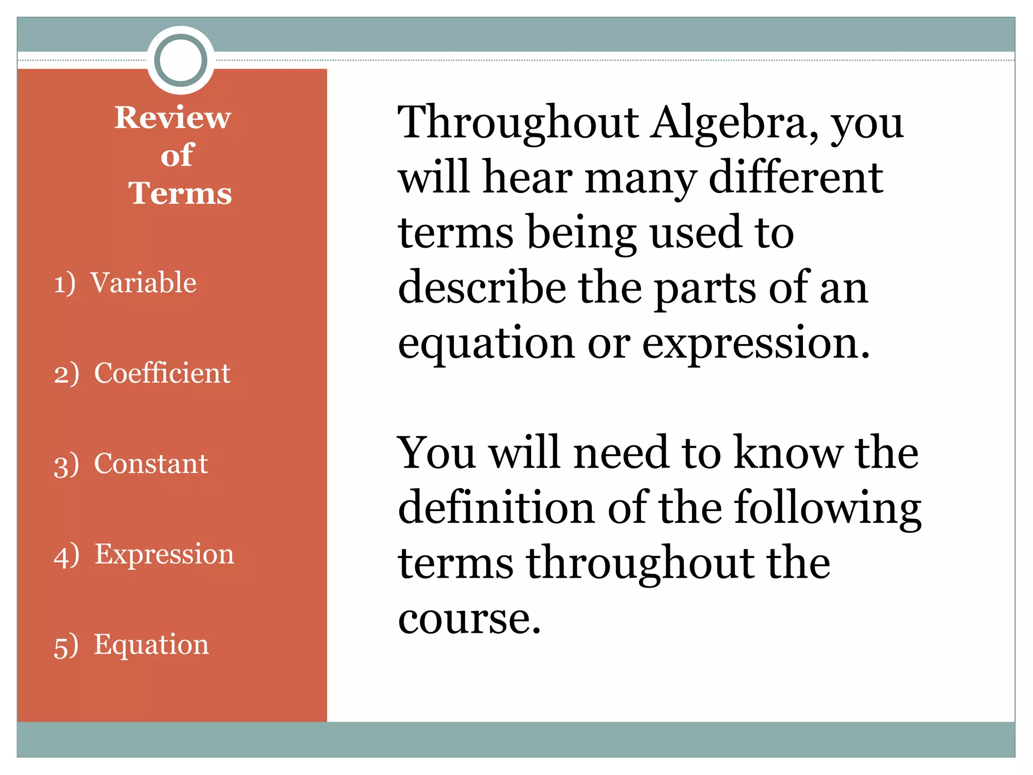 Review
of
Terms
1) Variable
2) Coefficient
3) Constant
4) Expression
5) Equation
Throughout Algebra, you
will hear many different
terms being used to
describe the parts of an
equation or expression.
You will need to know the
definition of the following
terms throughout the
course.
 
