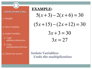 Isolate Variables:
Undo the multiplication
STEPS TO SOLVINGSTEPS TO SOLVING:
1) Simplify
2) Move Variables
3) Isolate Variables
a. Undo
addition/subtraction
b. Undo
multiplication/division
4) Check your answer
30)6(2)3(5 =+−+ xx
EXAMPLE:
30)122()155( =+−+ xx
3033 =+x
273 =x
 