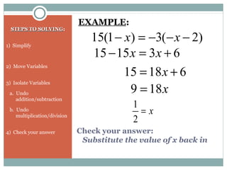 Check your answer:
Substitute the value of x back in
STEPS TO SOLVINGSTEPS TO SOLVING:
1) Simplify
2) Move Variables
3) Isolate Variables
a. Undo
addition/subtraction
b. Undo
multiplication/division
4) Check your answer
)2(3)1(15 −−−=− xx
EXAMPLE:
631515 +=− xx
61815 += x
x189 =
x=
2
1
 