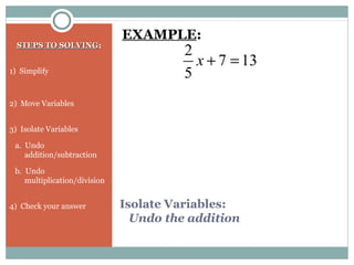 Isolate Variables:
Undo the addition
STEPS TO SOLVINGSTEPS TO SOLVING:
1) Simplify
2) Move Variables
3) Isolate Variables
a. Undo
addition/subtraction
b. Undo
multiplication/division
4) Check your answer
137
5
2
=+x
EXAMPLE:
 