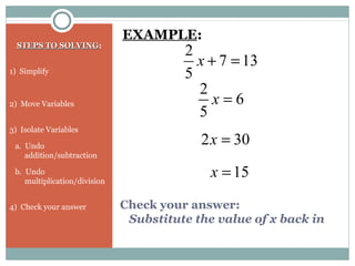 Check your answer:
Substitute the value of x back in
STEPS TO SOLVINGSTEPS TO SOLVING:
1) Simplify
2) Move Variables
3) Isolate Variables
a. Undo
addition/subtraction
b. Undo
multiplication/division
4) Check your answer
EXAMPLE:
137
5
2
=+x
6
5
2
=x
302 =x
15=x
 