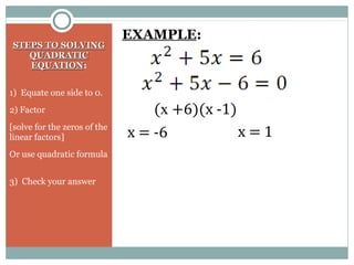 STEPS TO SOLVINGSTEPS TO SOLVING
QUADRATICQUADRATIC
EQUATIONEQUATION:
1) Equate one side to 0.
2) Factor
[solve for the zeros of the
linear factors]
Or use quadratic formula
3) Check your answer
EXAMPLE:
(x +6)(x -1)
x = -6 x = 1
 