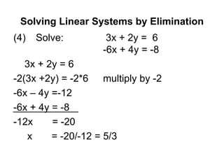 Solving Linear Systems by Elimination (4) Solve:  3x + 2y =  6 -6x + 4y = -8 3x + 2y = 6 -2(3x +2y) = -2*6 multiply by -2 -6x – 4y =-12 -6x + 4y = -8 -12x  = -20 x  = -20/-12 = 5/3 