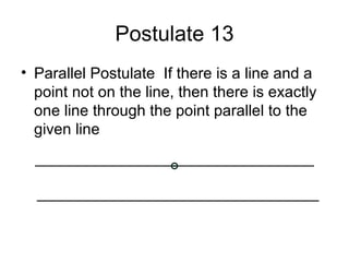Postulate 13 Parallel Postulate  If there is a line and a point not on the line, then there is exactly one line through the point parallel to the given line 
