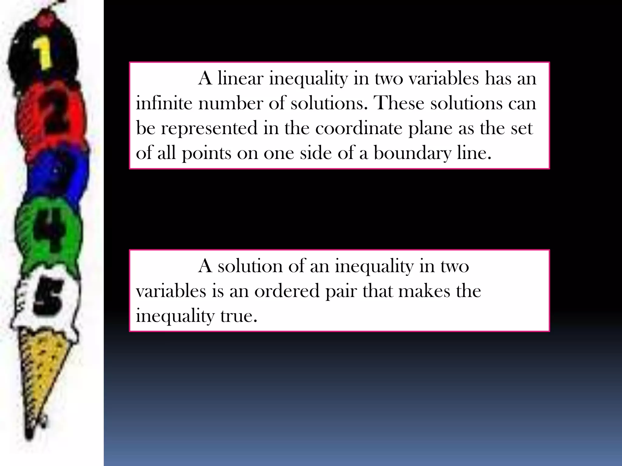 A linear inequality in two variables has an
infinite number of solutions. These solutions can
be represented in the coordinate plane as the set
of all points on one side of a boundary line.
A solution of an inequality in two
variables is an ordered pair that makes the
inequality true.
 