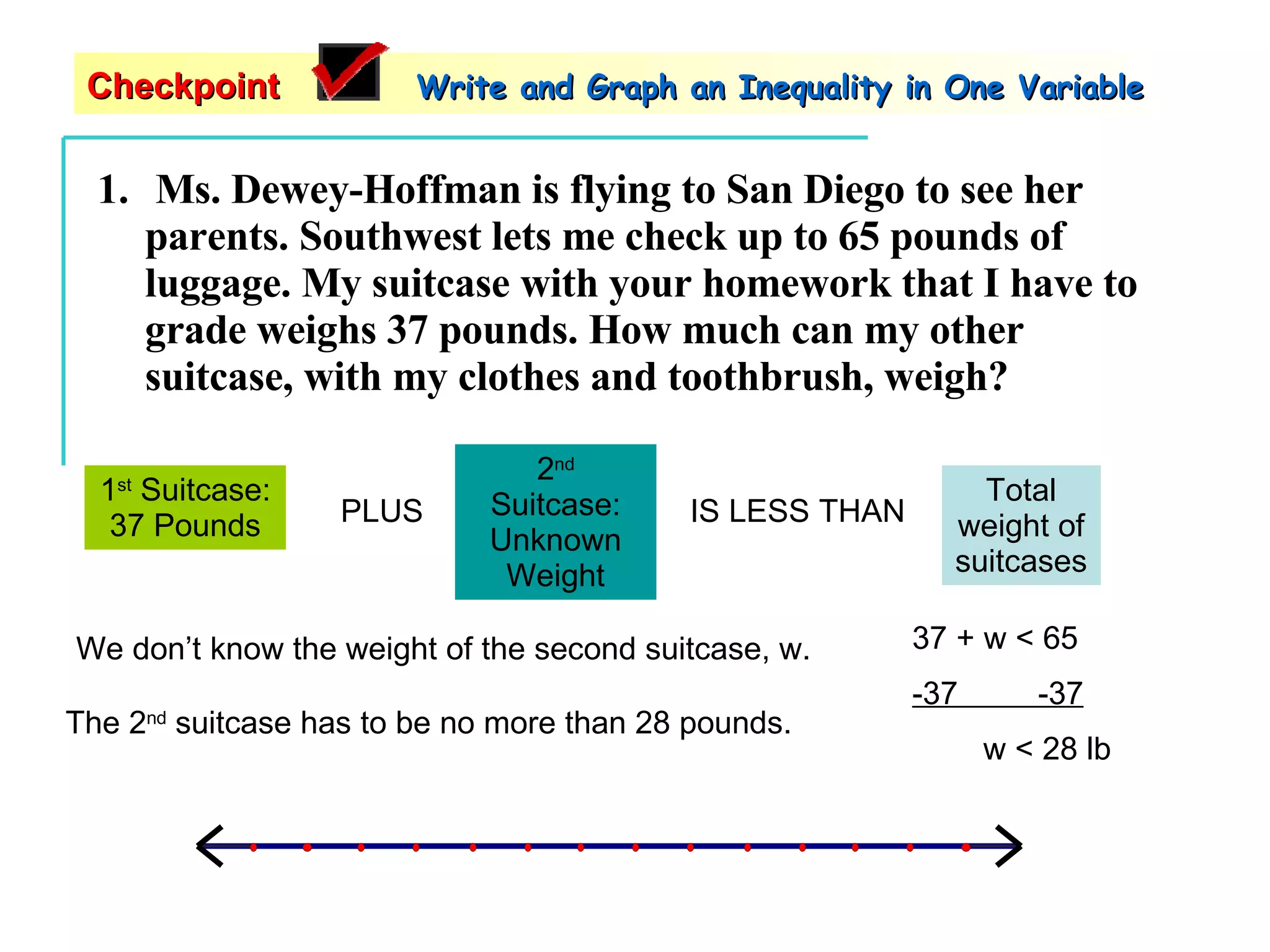 Ms. Dewey-Hoffman is flying to San Diego to see her parents. Southwest lets me check up to 65 pounds of luggage. My suitcase with your homework that I have to grade weighs 37 pounds. How much can my other suitcase, with my clothes and toothbrush, weigh? 1 st  Suitcase: 37 Pounds PLUS 2 nd  Suitcase: Unknown Weight IS LESS THAN Total weight of suitcases We don’t know the weight of the second suitcase, w. 37 + w < 65 -37  -37 w < 28 lb  The 2 nd  suitcase has to be no more than 28 pounds. Checkpoint   Write and Graph an Inequality in One Variable 