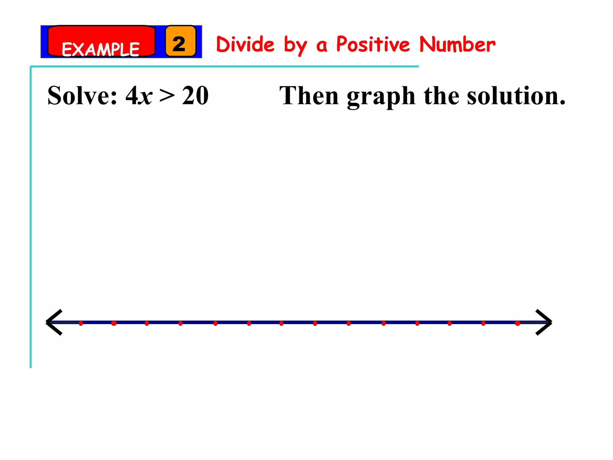Divide by a Positive Number Solve: 4 x  > 20   Then graph the solution. EXAMPLE 2 