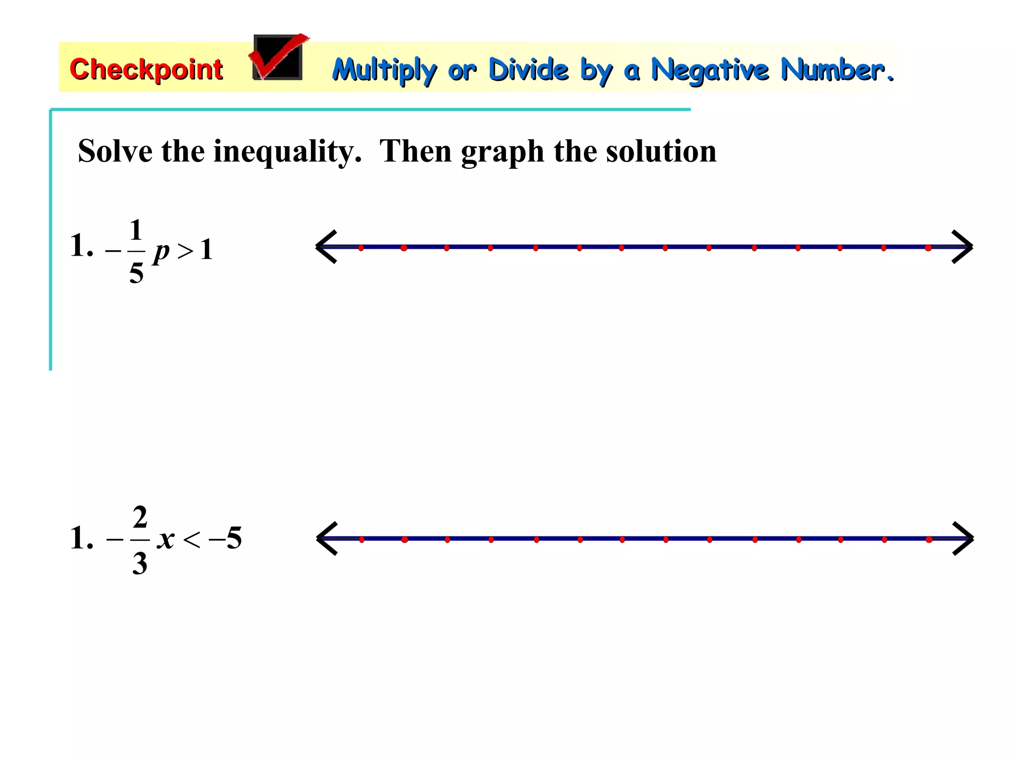 Solve the inequality.  Then graph the solution Checkpoint   Multiply or Divide by a Negative Number. 