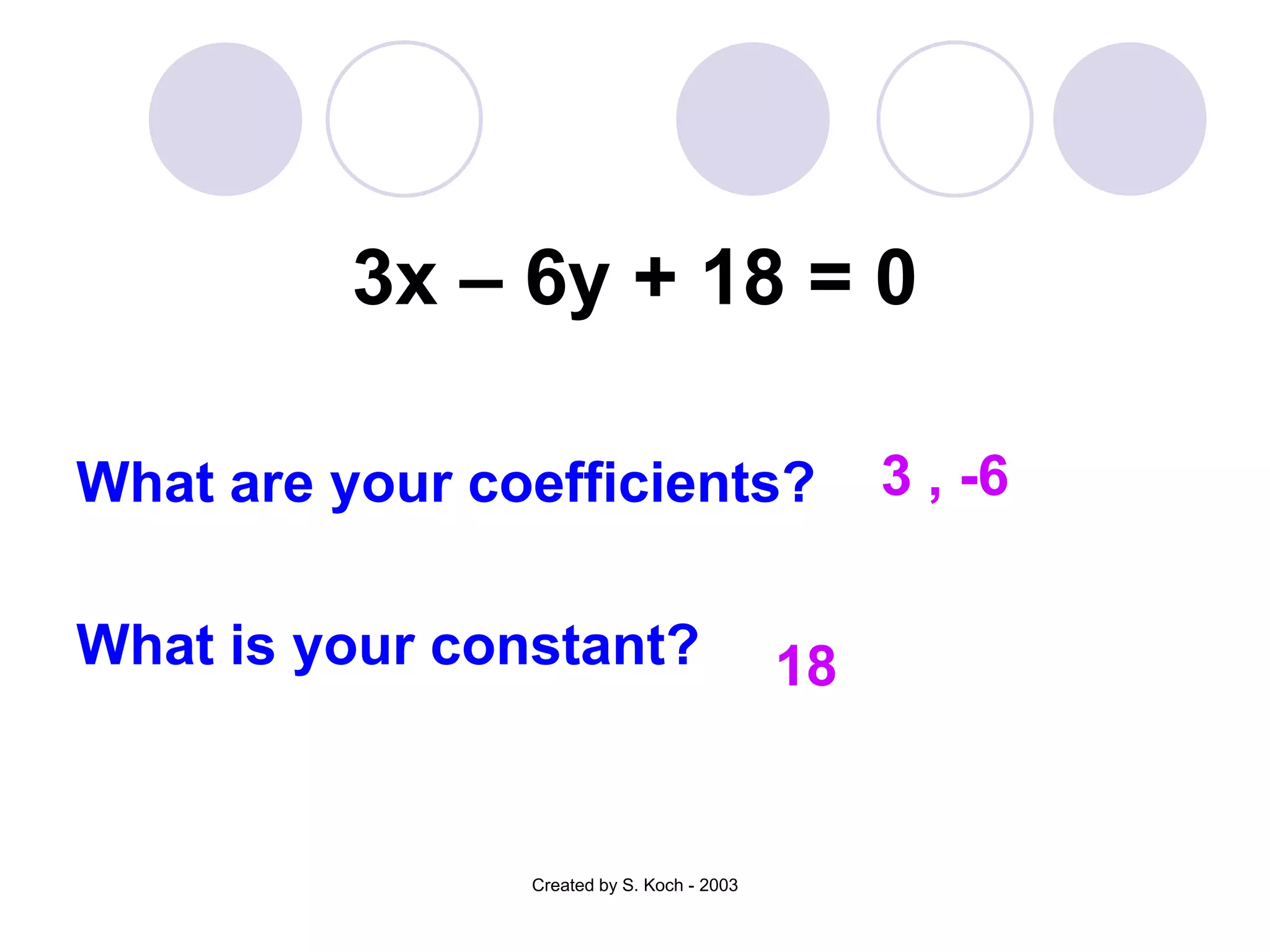 3x – 6y + 18 = 0

What are your coefficients?                      3 , -6

What is your constant?                      18


                Created by S. Koch - 2003
 