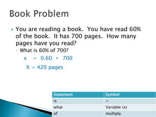 You are reading a book.  You have read 60% of the book.  It has 700 pages.  How many pages have you read?  What is 60% of 700?  Book Problem	x=0.60•700X = 420 pages