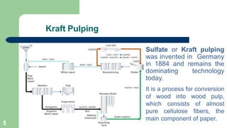 Kraft Pulping
Sulfate or Kraft pulping
was invented in Germany
in 1884 and remains the
dominating technology
today.
It is a process for conversion
of wood into wood pulp,
which consists of almost
pure cellulose fibers, the
main component of paper.
7
5
 