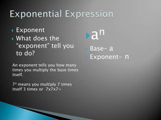 a n
   Exponent
   What does the
    “exponent” tell you                Base- a
    to do?
                                       Exponent- n
An exponent tells you how many
times you multiply the base times
itself.

73 means you multiply 7 times
itself 3 times or 7x7x7=
 