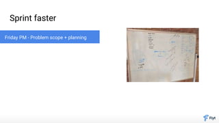 Sprint faster
Friday PM - Problem scope + planning
 