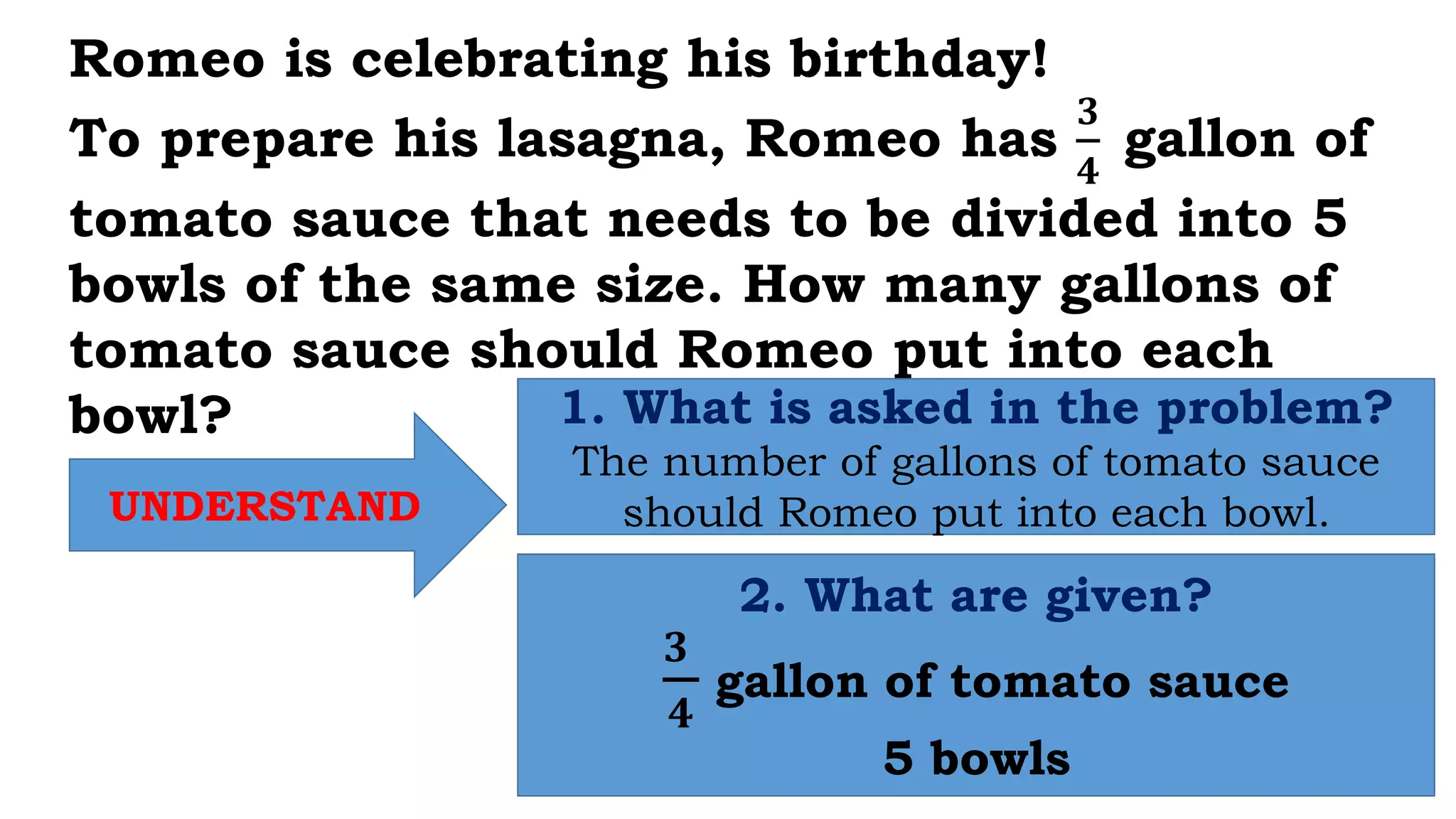 Romeo is celebrating his birthday!
To prepare his lasagna, Romeo has
𝟑
𝟒
gallon of
tomato sauce that needs to be divided into 5
bowls of the same size. How many gallons of
tomato sauce should Romeo put into each
bowl?
UNDERSTAND
1. What is asked in the problem?
The number of gallons of tomato sauce
should Romeo put into each bowl.
2. What are given?
𝟑
𝟒
gallon of tomato sauce
5 bowls
 