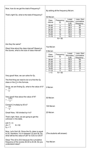 Now, how do we get the total of frequency?
That’s right! So, what is the total of frequency?
Are they the same?
Okay! How about the class interval? Based on
the scores, what is the size of class interval?
Very good! Now, we can solve for Q2.
The first thing we need to do is to find the Q2
class or the 𝑘𝑁 in the formula.
4
Since, we are finding Q2, what is the value of k?
2𝑁
=
4
Very good! How about the value of N?
2(50)
=
4
Correct! 2 multiply by 50 is?
100
=
4
Great! Now, 100 divided by 4 is?
That’s right. Next, we are going to get the
unknown in the table.
LB=?i = 5
cfb= ? N = 50
fQk = ?
Now, Let’s find LB. Since the Q2 class is equal
to 25, therefore, it is in between 23 and 38. So,
what will be the value of LB? Is it 25.5 or 20.5?
Okay! The LB is 25.5 because the cumulative
frequency of the scores 26-30 is 24-38. Do you
understand class?
By adding all the frequency Ma’am.
50 Ma’am
Yes Ma’am
5 Ma’am
2 Ma’am
50 Ma’am
100 Ma’am
25 Ma’am
(The students will answer)
Yes Ma’am
Class
interval
Frequency
(f)
Lower
Boundary
(LB)
Less than
cumulative
frequency
36-40 3 35.5 50
31-35 9 30.5 47
26-30 15 25.5 38
21-25 8 20.5 23
16-20 12 15.5 15
11-15 3 10.5 3
N = 50
Class
interval
Frequency
(f)
Lower
Boundary
(LB)
Less than
cumulative
frequency
36-40 3 35.5 50
31-35 9 30.5 47
26-30 15 25.5 38
21-25 8 20.5 23
16-20 12 15.5 15
11-15 3 10.5 3
i = 5 N = 50
 