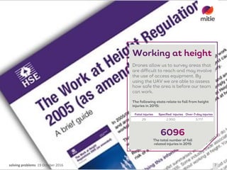 solving	problems 19	October	2016 7
Fatal injuries Specified injuries Over-7-day injuries
29 2,950 3,117
Drones allow us to survey areas that
are difficult to reach and may involve
the use of access equipment. By
using the UAV we are able to assess
how safe the area is before our team
can work.
The following stats relate to fall from height
injuries in 2015:
The total number of fall
related injuries in 2015
 