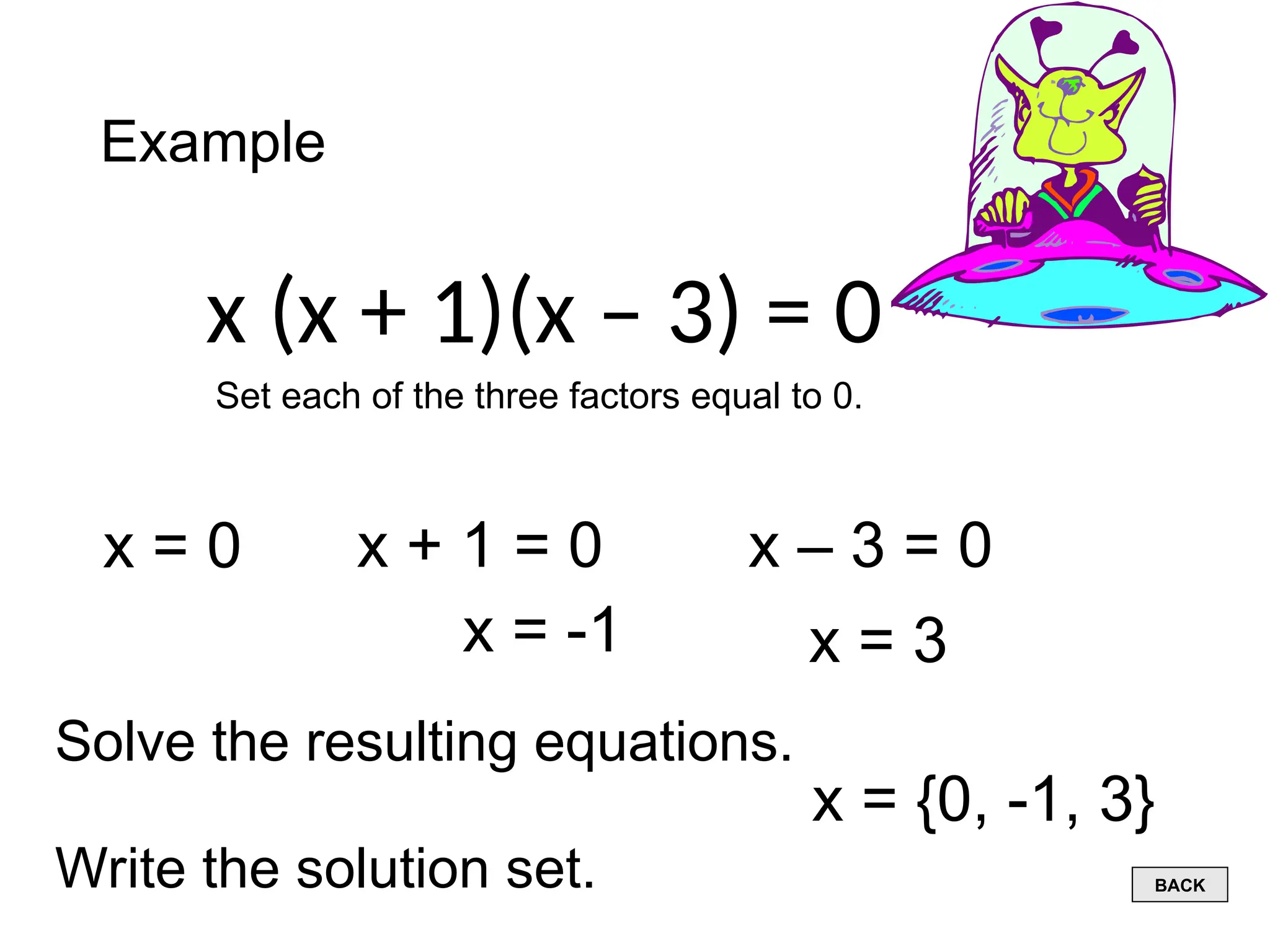 Example
x (x + 1)(x – 3) = 0
Set each of the three factors equal to 0.
x = 0 x + 1 = 0
x = -1
x – 3 = 0
x = 3
Solve the resulting equations.
Write the solution set.
x = {0, -1, 3}
BACK
 