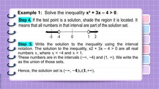 Example 1: Solve the inequality x² + 3x – 4 > 0.
Step 4. If the test point is a solution, shade the region it is located. It
means that all numbers in that interval are part of the solution set.
Step 5. Write the solution to the inequality using the interval
notation. The solution to the inequality, x2 + 3x – 4 > 0 are all real
numbers , where < −4 and > 1.
𝑥 𝑥 𝑥
These numbers are in the intervals (−∞, −4) and (1, ∞). We write the
as the union of those sets.
Hence, the solution set is (−∞, − ) ( ,+∞).
𝟒 ∪ 𝟏
 