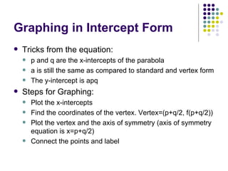 Graphing in Intercept Form Tricks from the equation: p and q are the x-intercepts of the parabola a is still the same as compared to standard and vertex form The y-intercept is apq Steps for Graphing: Plot the x-intercepts Find the coordinates of the vertex. Vertex=(p+q/2, f(p+q/2))  Plot the vertex and the axis of symmetry (axis of symmetry equation is x=p+q/2) Connect the points and label 