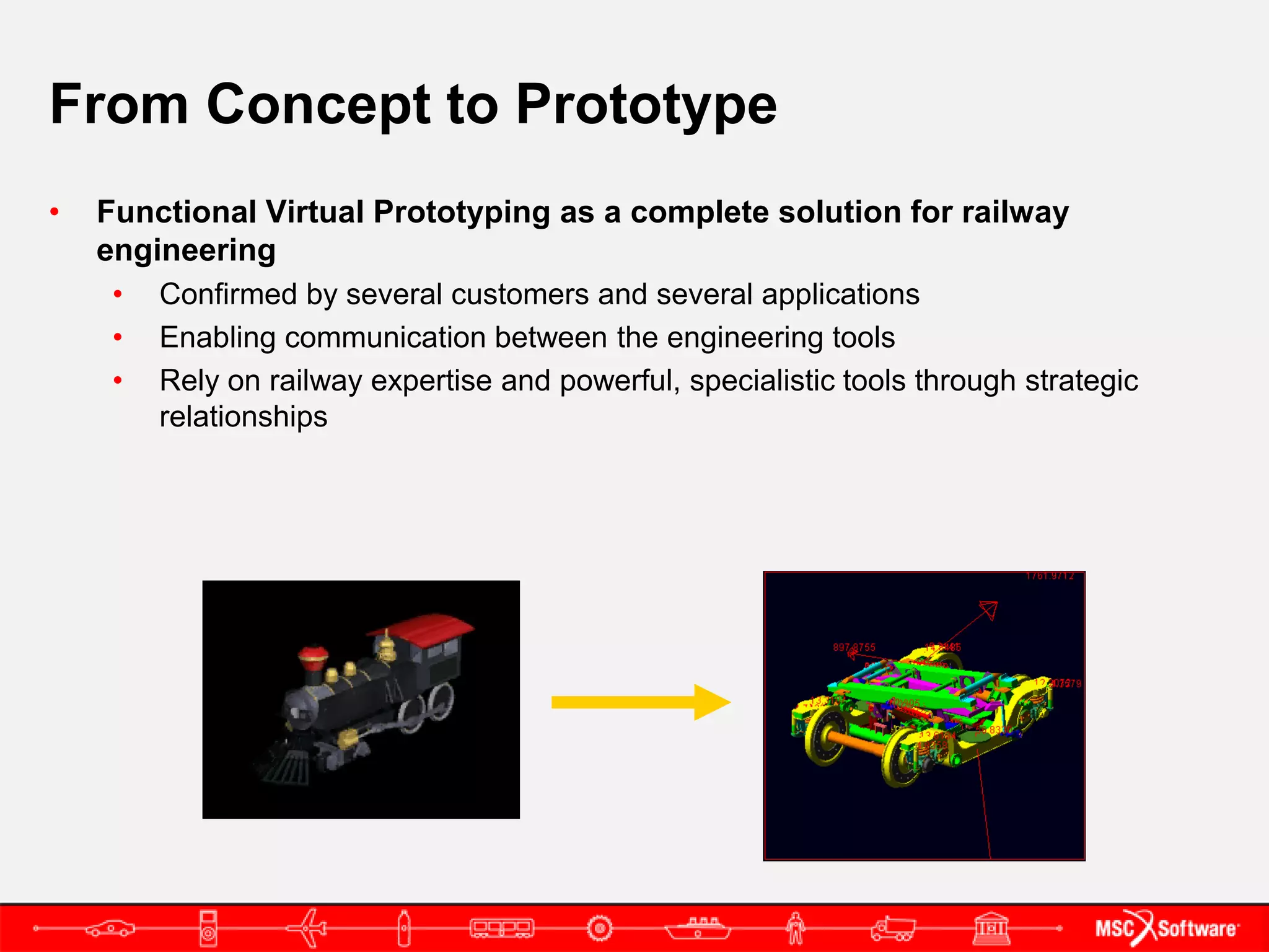 From Concept to Prototype
•   Functional Virtual Prototyping as a complete solution for railway
    engineering
     •   Confirmed by several customers and several applications
     •   Enabling communication between the engineering tools
     •   Rely on railway expertise and powerful, specialistic tools through strategic
         relationships
 